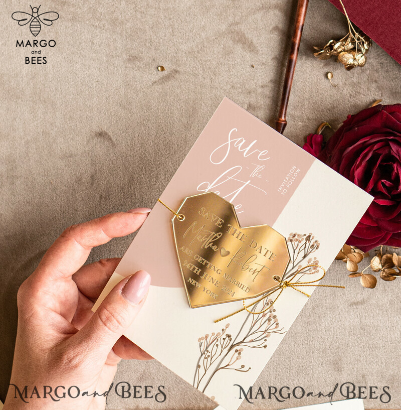 Unique Personalised Save the Date Heart Magnet and Card: An Arch Elegant Wedding Announcement with Acrylic Golden Heart-0