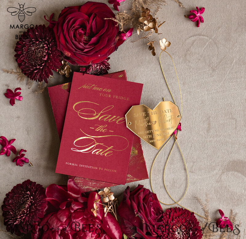 Customizable Burgundy and Gold Heart Save the Date Magnet and Card for an Elegant Wedding-1