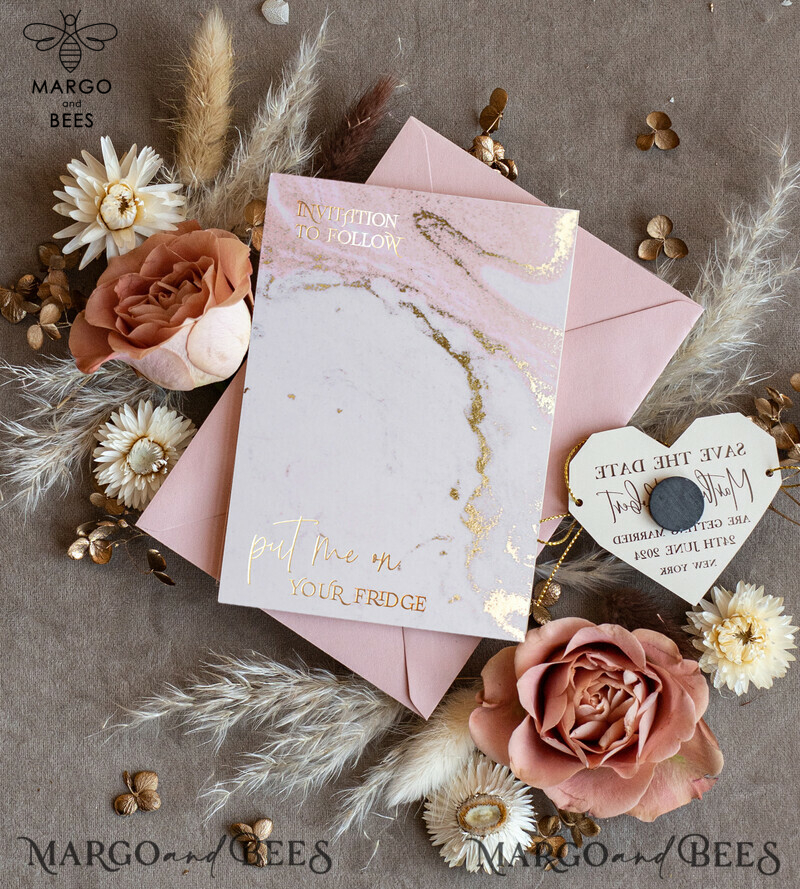 Personalised Blush Pink Save the Date Acrylic Geometric Heart Magnet and Card: The Perfect Gold Blush Pink Heart Wedding Save The Dates! Upgrade your Save The Date Cards with heart magnet-2