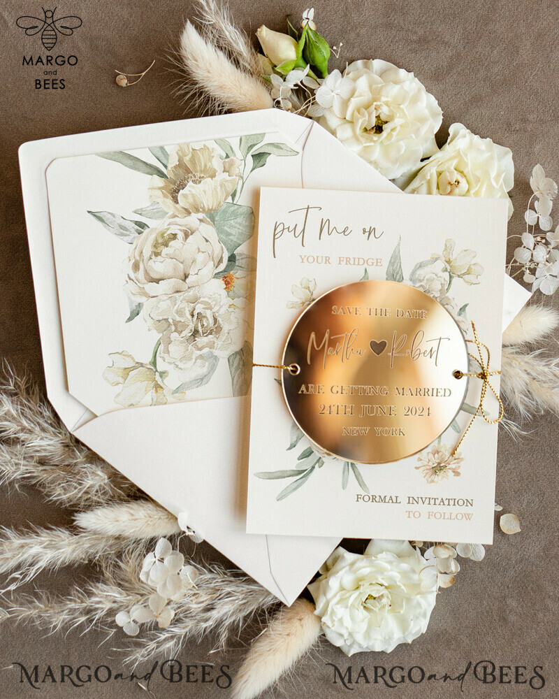 Custom Gold Acrylic Circle Save the Date Magnet and Card: Elegant Ivory Wedding Save The Dates Plexi Magnets with a Touch of Boho-1