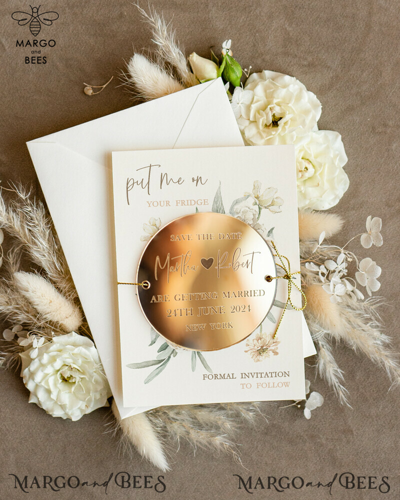 Custom Gold Acrylic Circle Save the Date Magnet and Card: Elegant Ivory Wedding Save The Dates Plexi Magnets with a Touch of Boho-2