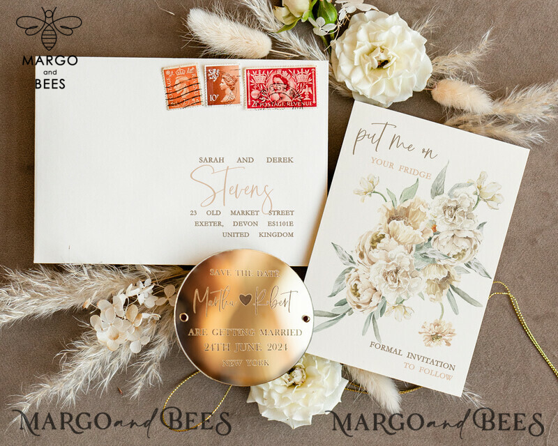 Custom Gold Acrylic Circle Save the Date Magnet and Card: Elegant Ivory Wedding Save The Dates Plexi Magnets with a Touch of Boho-3