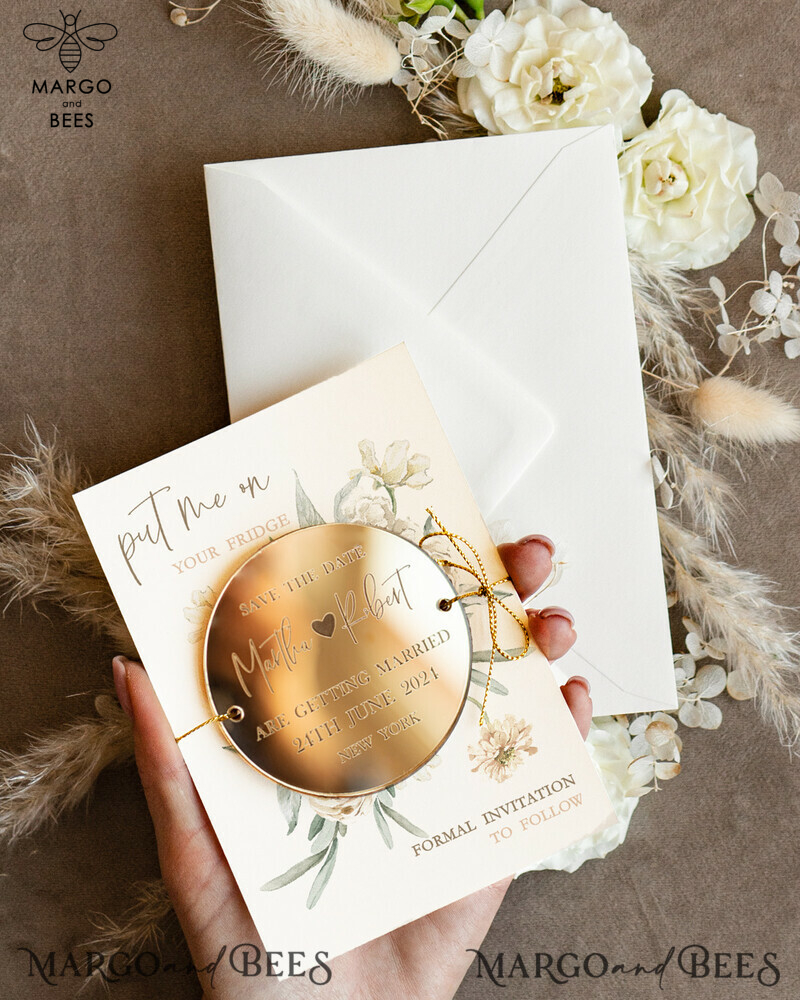 Custom Gold Acrylic Circle Save the Date Magnet and Card: Elegant Ivory Wedding Save The Dates Plexi Magnets with a Touch of Boho-0