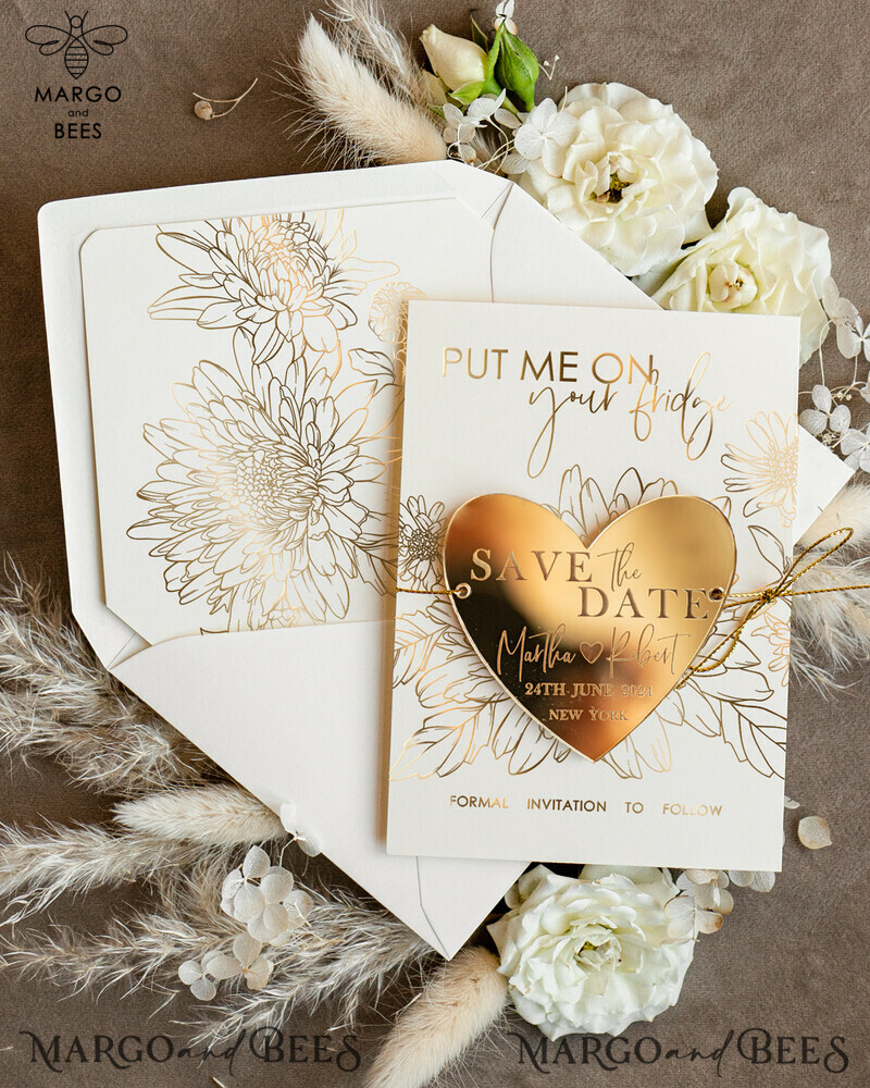 Custom Gold Acrylic Heart Magnet and Card: Stunning Wedding Save the Dates in Ivory, Plexi Magnets for a Boho-inspired Celebration-1