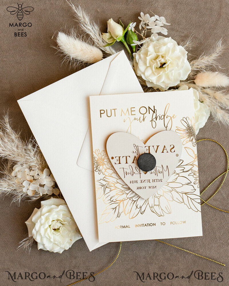 Custom Gold Acrylic Heart Magnet and Card: Stunning Wedding Save the Dates in Ivory, Plexi Magnets for a Boho-inspired Celebration-2