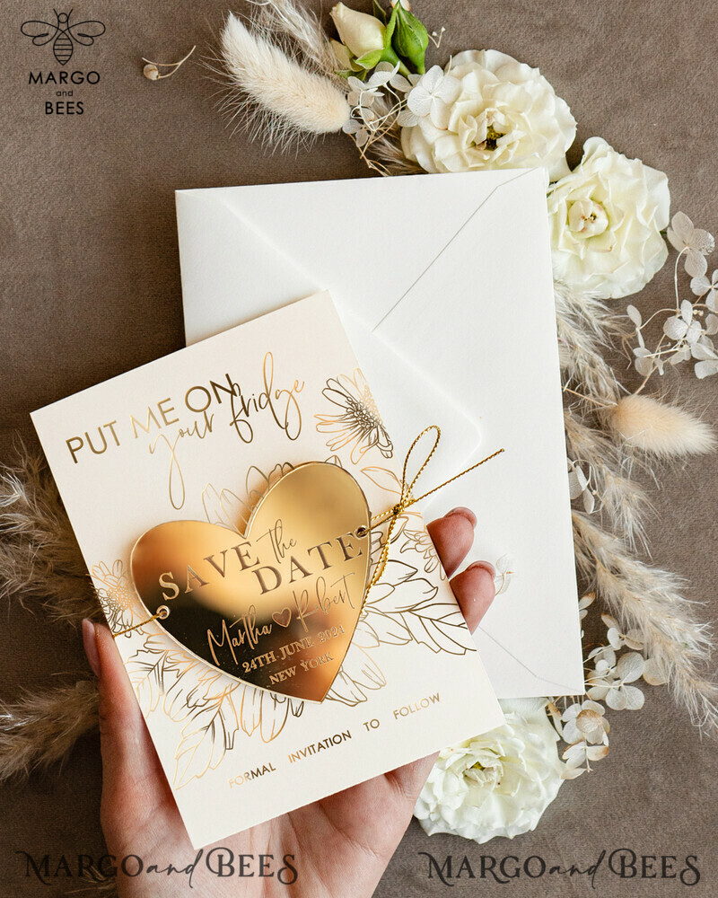 Custom Gold Acrylic Heart Magnet and Card: Stunning Wedding Save the Dates in Ivory, Plexi Magnets for a Boho-inspired Celebration-3