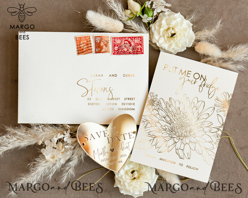 Custom Gold Acrylic Heart Magnet and Card: Stunning Wedding Save the Dates in Ivory, Plexi Magnets for a Boho-inspired Celebration-4