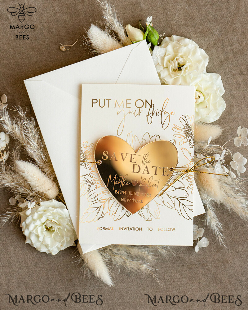 Custom Gold Acrylic Heart Magnet and Card: Stunning Wedding Save the Dates in Ivory, Plexi Magnets for a Boho-inspired Celebration-0