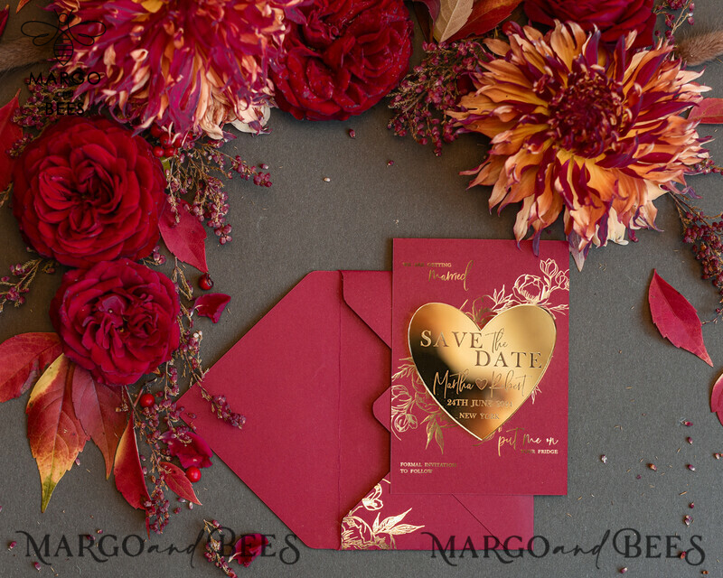 Personalised Save the Date Heart Magnet and Card: Burgundy Elegant Wedding Save The Dates with Acrylic Gold Heart-3