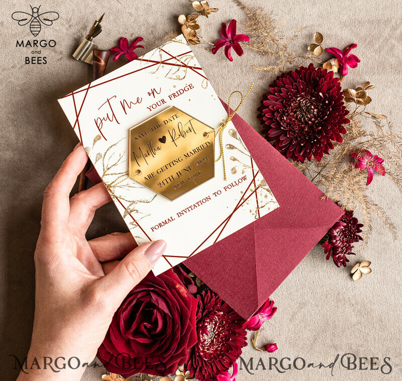Boho Wedding Save the Date: Personalised Maroon Hexagon Magnet and Card with Acrylic Golden Mirror Magnet-1