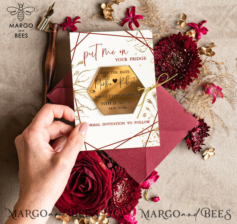 Boho Wedding Save the Date: Personalised Maroon Hexagon Magnet and Card with Acrylic Golden Mirror Magnet-3