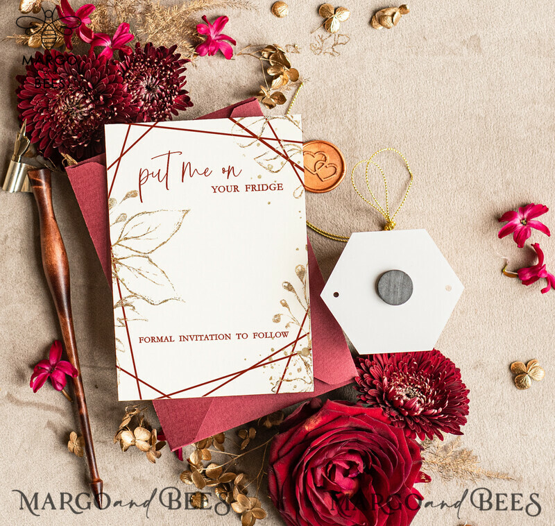 Boho Wedding Save the Date: Personalised Maroon Hexagon Magnet and Card with Acrylic Golden Mirror Magnet-4