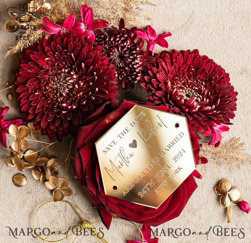 Boho Wedding Save the Date: Personalised Maroon Hexagon Magnet and Card with Acrylic Golden Mirror Magnet-7