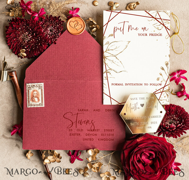 Boho Wedding Save the Date: Personalised Maroon Hexagon Magnet and Card with Acrylic Golden Mirror Magnet-8
