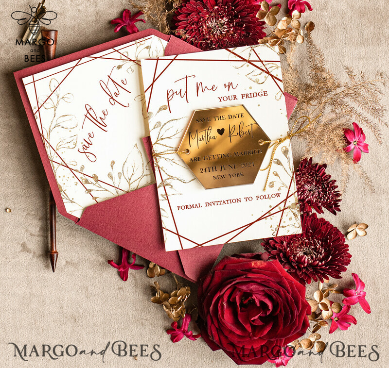 Boho Wedding Save the Date: Personalised Maroon Hexagon Magnet and Card with Acrylic Golden Mirror Magnet-0