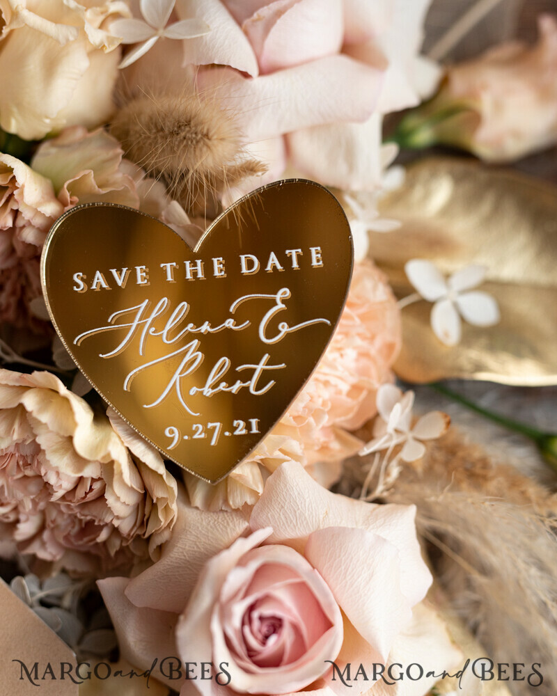 Elegant Acrylic Gild Mirror Save The Date Magnets with Velvet Heart Magnets and Gold Foil Wedding Save the Date Cards featuring Golden Heart Magnets-2