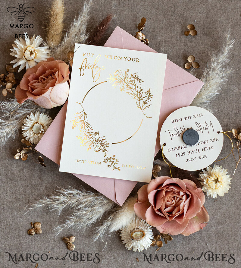 Personalised Gold Acrylic Circle Save the Date Magnet and Card: Blush Pink Wedding Save The Dates Plexi Magnets with Boho Save the Date Cards-2