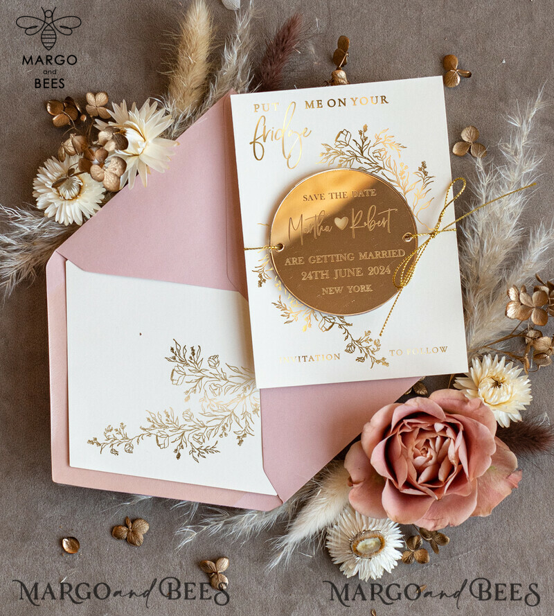 Personalised Gold Acrylic Circle Save the Date Magnet and Card: Blush Pink Wedding Save The Dates Plexi Magnets with Boho Save the Date Cards-0