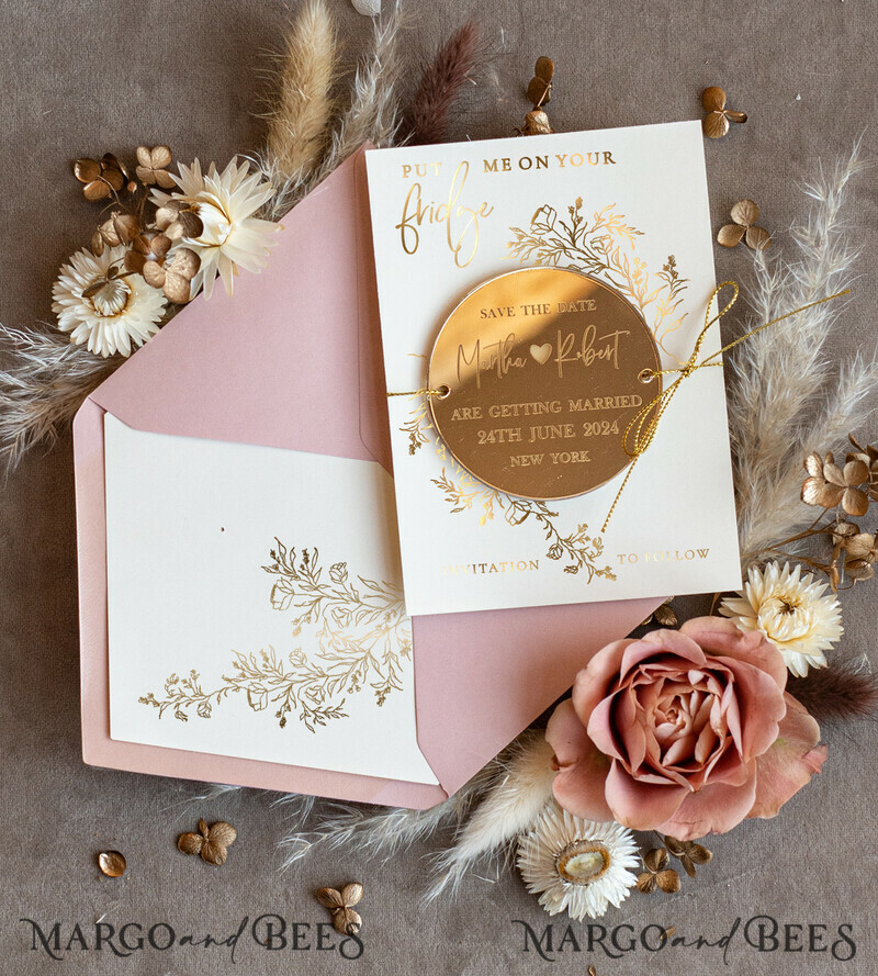 Personalised Gold Acrylic Circle Save the Date Magnet and Card: Blush Pink Wedding Save The Dates Plexi Magnets with Boho Save the Date Cards-0