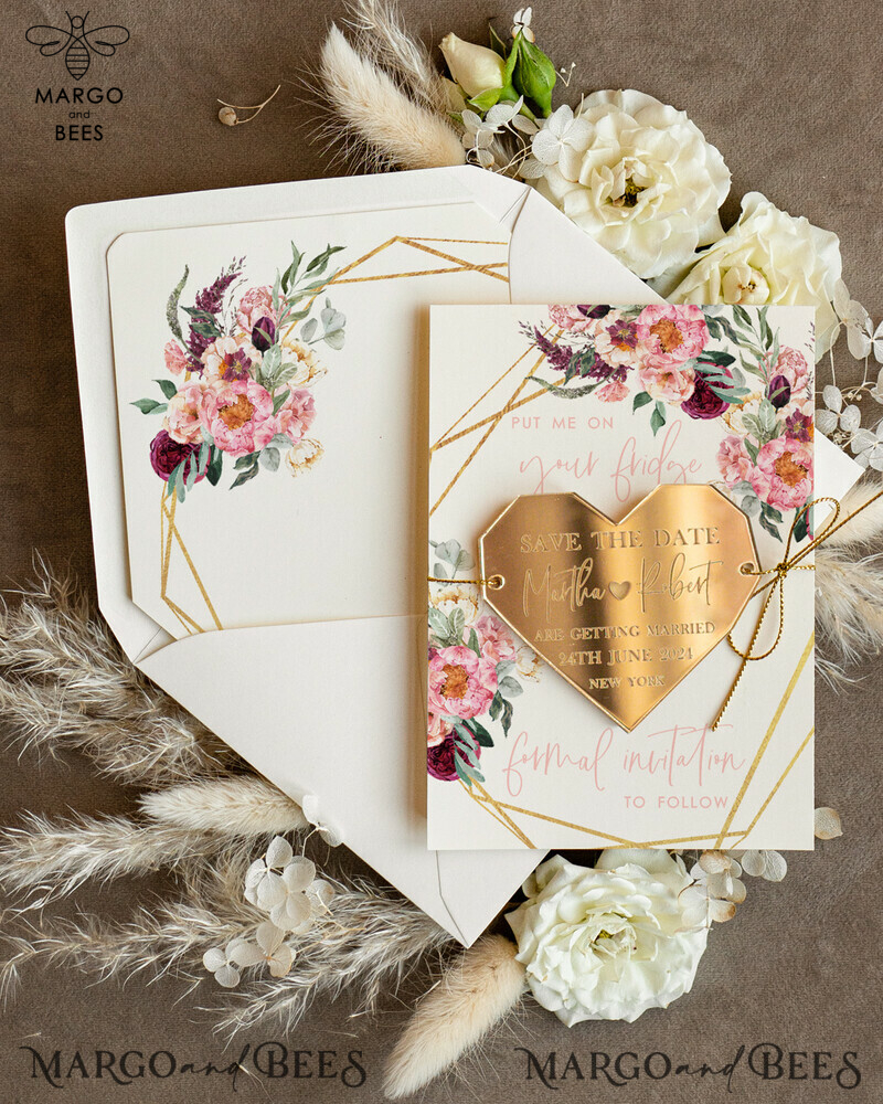 Personalised Gold Acrylic Heart Save the Date Magnet and Card: Elegant Ivory Wedding Save The Dates Plexi Magnets and Boho Save the Date Cards-2