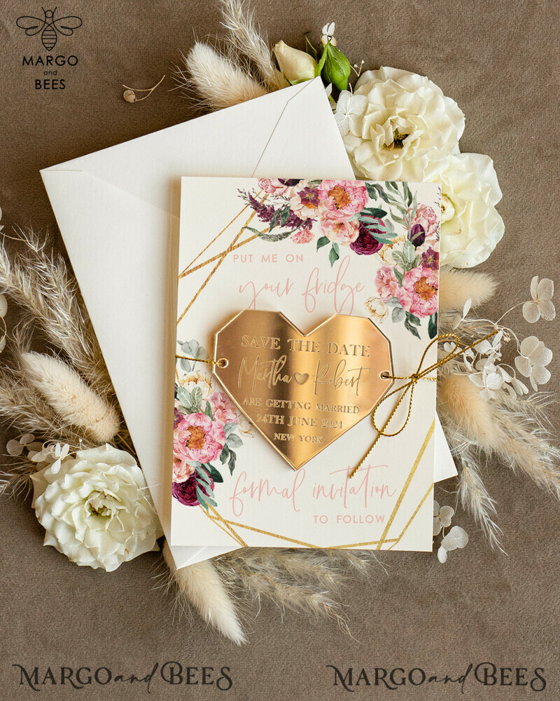 Personalised Gold Acrylic Heart Save the Date Magnet and Card: Elegant Ivory Wedding Save The Dates Plexi Magnets and Boho Save the Date Cards-0