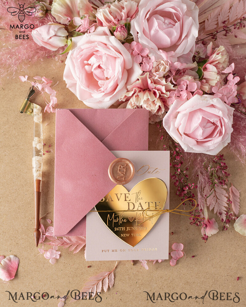 Elegant and Personalised: Gold Acrylic Heart Save the Date Cards and Magnets with a Touch of Velvet-2