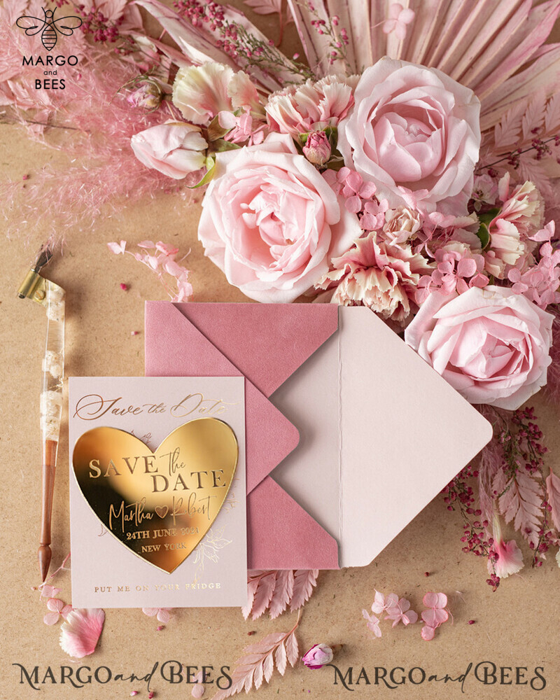 Elegant and Personalised: Gold Acrylic Heart Save the Date Cards and Magnets with a Touch of Velvet-3