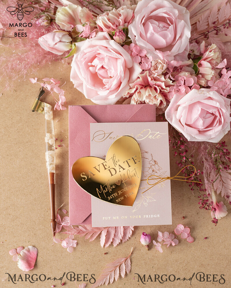 Elegant and Personalised: Gold Acrylic Heart Save the Date Cards and Magnets with a Touch of Velvet-0