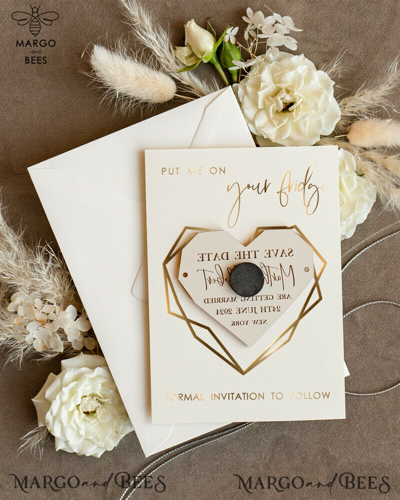 Personalised Gold Acrylic Heart Save the Date Magnet and Card: Elegant Ivory Wedding Save The Dates with Plexi Magnets and Boho Save The Date Cards-1