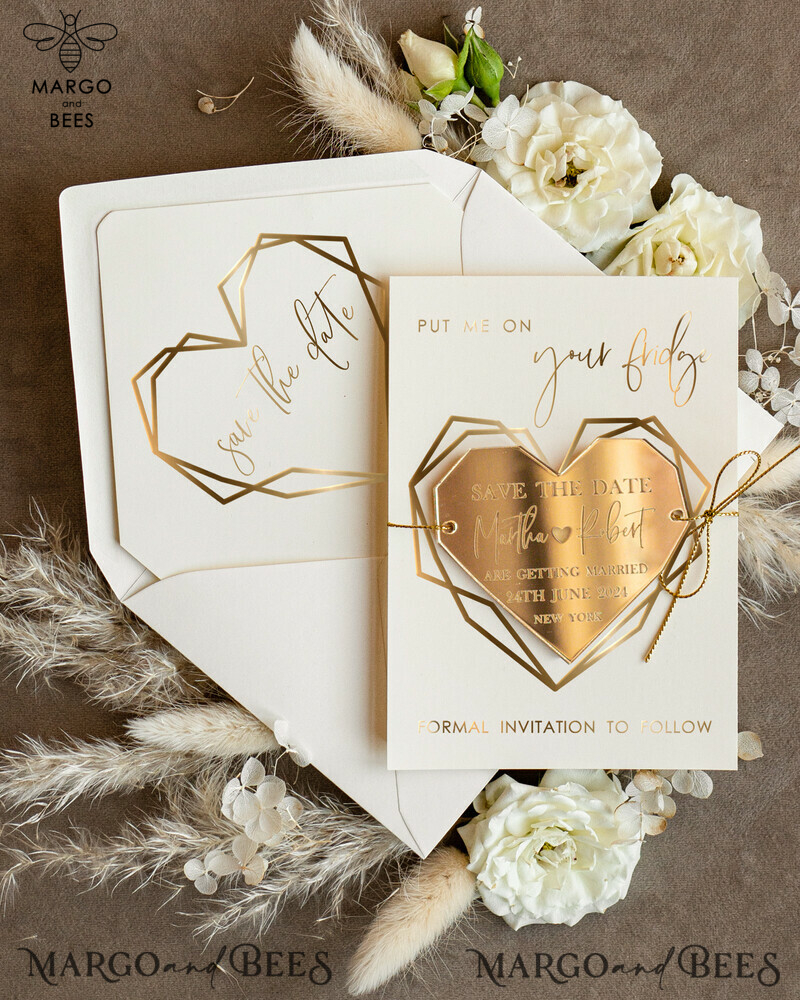 Personalised Gold Acrylic Heart Save the Date Magnet and Card: Elegant Ivory Wedding Save The Dates with Plexi Magnets and Boho Save The Date Cards-2