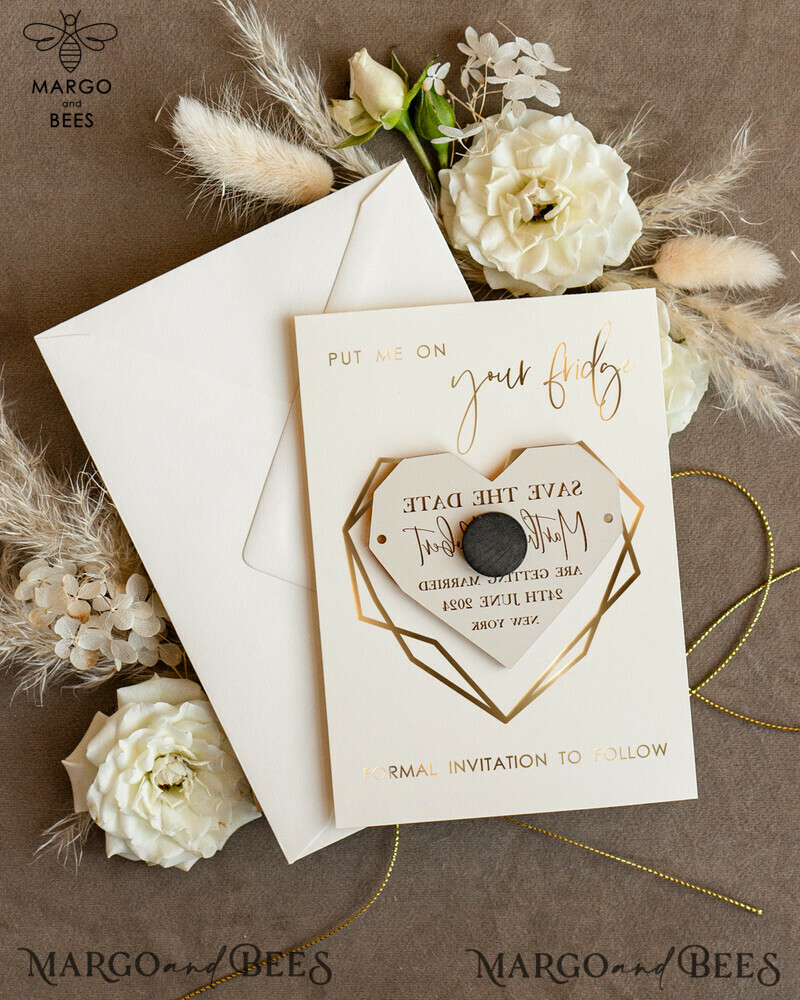 Personalised Gold Acrylic Heart Save the Date Magnet and Card: Elegant Ivory Wedding Save The Dates with Plexi Magnets and Boho Save The Date Cards-4
