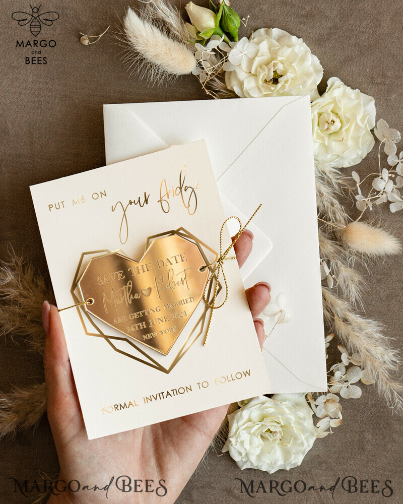 Personalised Gold Acrylic Heart Save the Date Magnet and Card: Elegant Ivory Wedding Save The Dates with Plexi Magnets and Boho Save The Date Cards-5