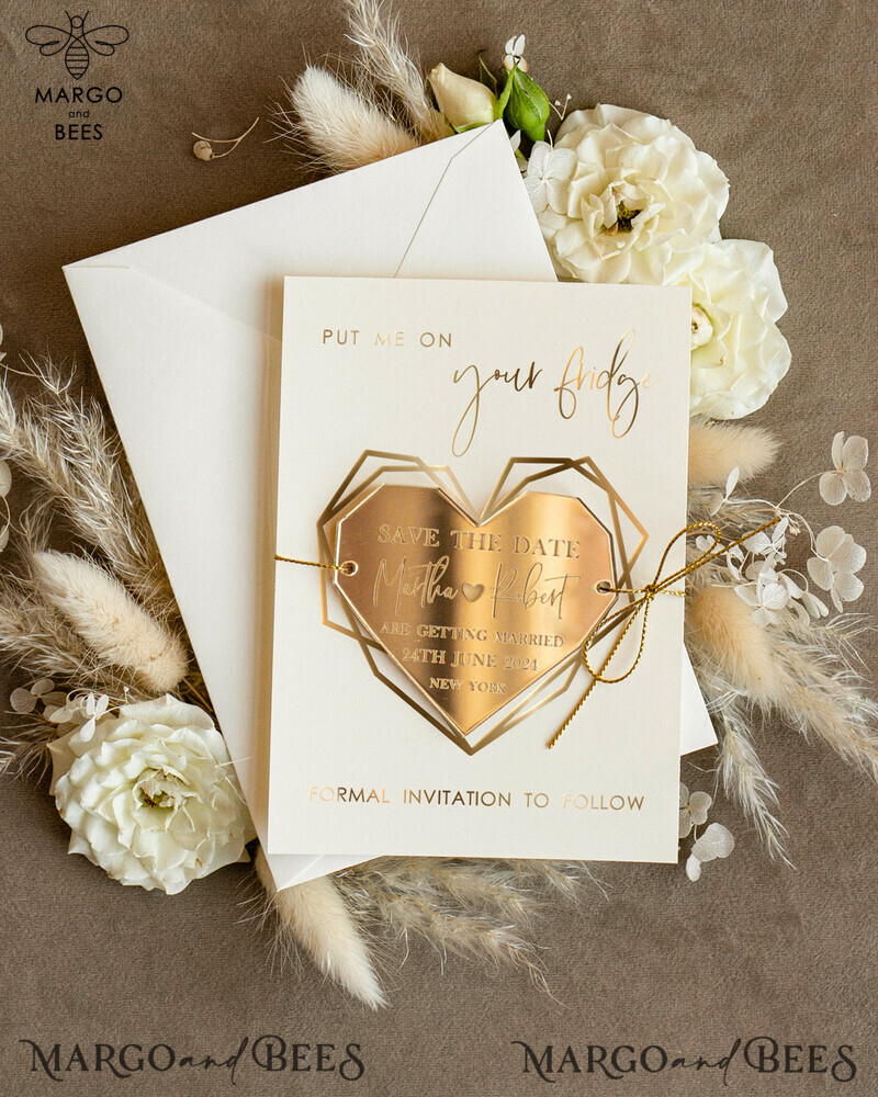 Personalised Gold Acrylic Heart Save the Date Magnet and Card: Elegant Ivory Wedding Save The Dates with Plexi Magnets and Boho Save The Date Cards-0