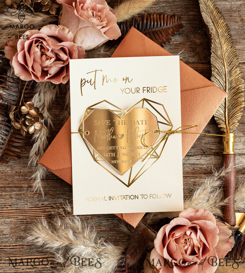Boho Chic: Personalised Save the Date Heart Acrylic Magnet and Card with Gold Terracotta Elegant Wedding Save The Dates Acrylic Magnets-1