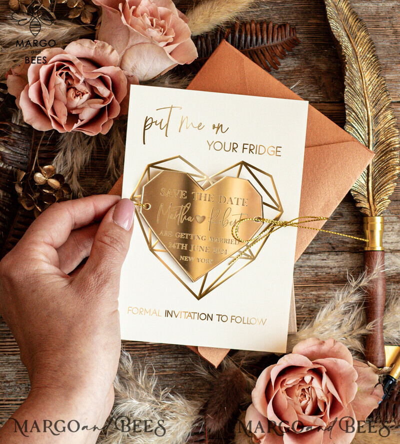 Boho Chic: Personalised Save the Date Heart Acrylic Magnet and Card with Gold Terracotta Elegant Wedding Save The Dates Acrylic Magnets-4