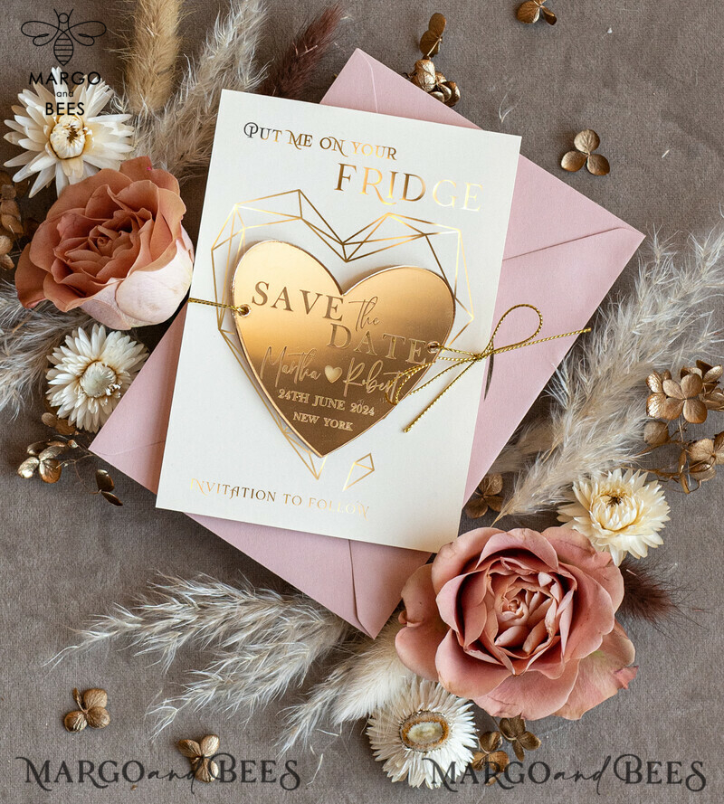 Personalised Gold Acrylic Heart Save the Date Magnet and Card: Blush Pink Wedding Save The Dates Plexi Magnets with Wedding Boho Save The Date Cards-1