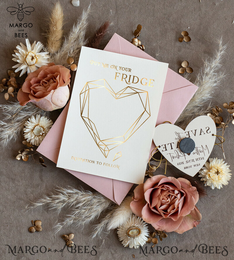 Personalised Gold Acrylic Heart Save the Date Magnet and Card: Blush Pink Wedding Save The Dates Plexi Magnets with Wedding Boho Save The Date Cards-2