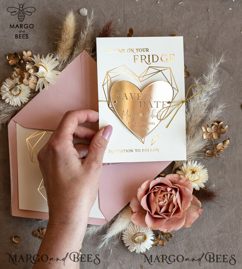 Personalised Gold Acrylic Heart Save the Date Magnet and Card: Blush Pink Wedding Save The Dates Plexi Magnets with Wedding Boho Save The Date Cards-3