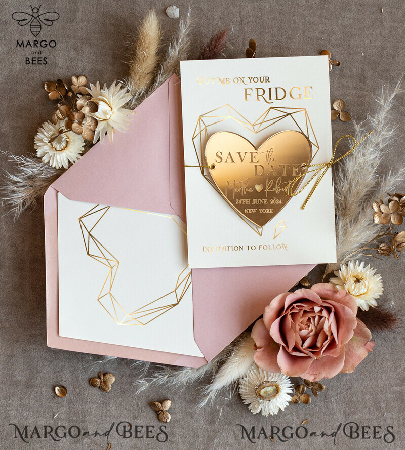 Personalised Gold Acrylic Heart Save the Date Magnet and Card: Blush Pink Wedding Save The Dates Plexi Magnets with Wedding Boho Save The Date Cards-4