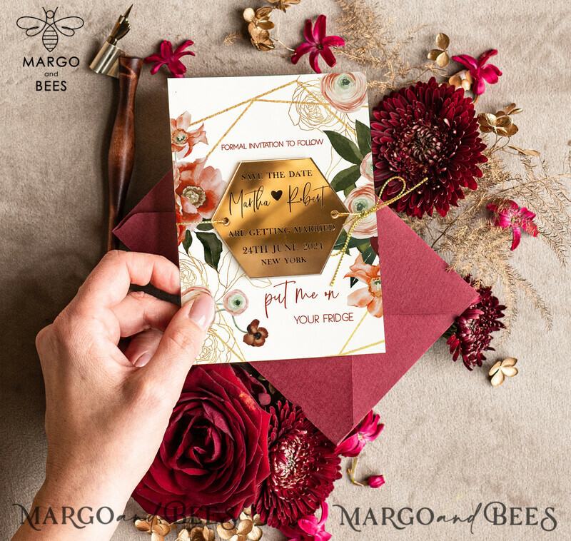 Elegant Boho Wedding Save the Date: Maroon Hexagon Magnet and Acrylic Golden Mirror Card-2