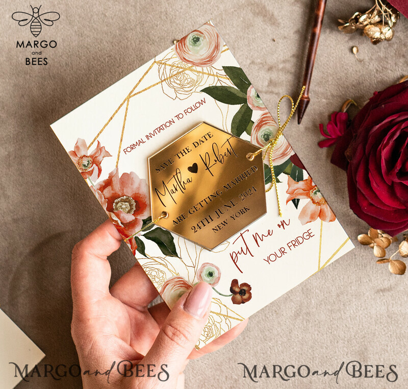 Elegant Boho Wedding Save the Date: Maroon Hexagon Magnet and Acrylic Golden Mirror Card-4