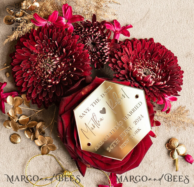 Elegant Boho Wedding Save the Date: Maroon Hexagon Magnet and Acrylic Golden Mirror Card-6