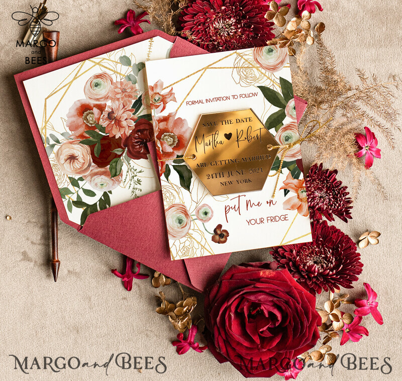 Elegant Boho Wedding Save the Date: Maroon Hexagon Magnet and Acrylic Golden Mirror Card-0