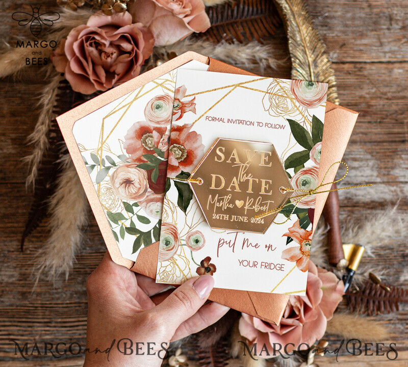 Stunning and Unique: Personalised Save the Date Hexagon Magnet and Card, Gold Terracotta Elegant Wedding Save The Dates Acrylic Heart, and Boho Save The Date Cards-4