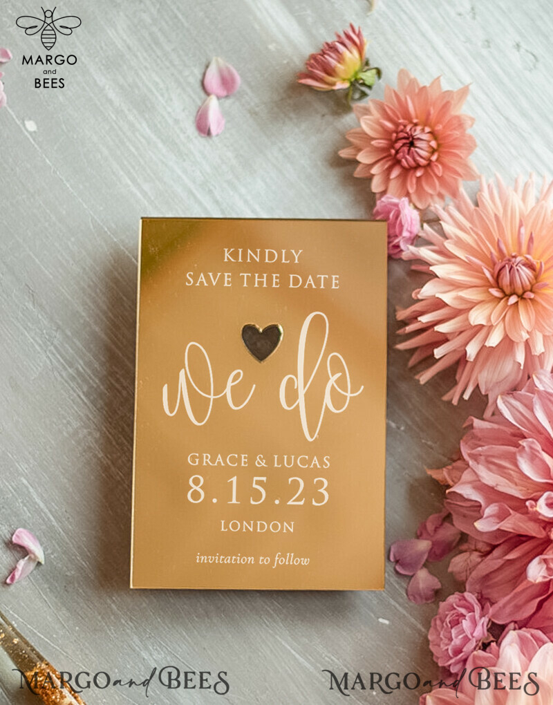 Luxury Wedding Save the Date: Personalized Golden Mirror with Plexi Gold and Pink Envelope-1