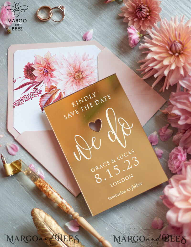 Luxury Wedding Save the Date: Personalized Golden Mirror with Plexi Gold and Pink Envelope-2