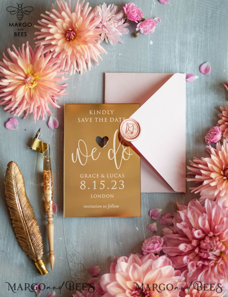 Luxury Wedding Save the Date: Personalized Golden Mirror with Plexi Gold and Pink Envelope-3