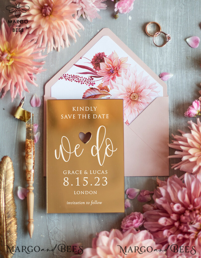 Luxury Wedding Save the Date: Personalized Golden Mirror with Plexi Gold and Pink Envelope-0