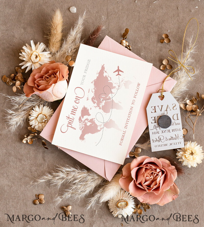 Personalised Travel Save the Date Acrylic Tag Magnet and Card: Gold Blush Pink Luggage Tag Wedding Save The Dates Acrylic Magnets with Matching Save The Date Cards-3
