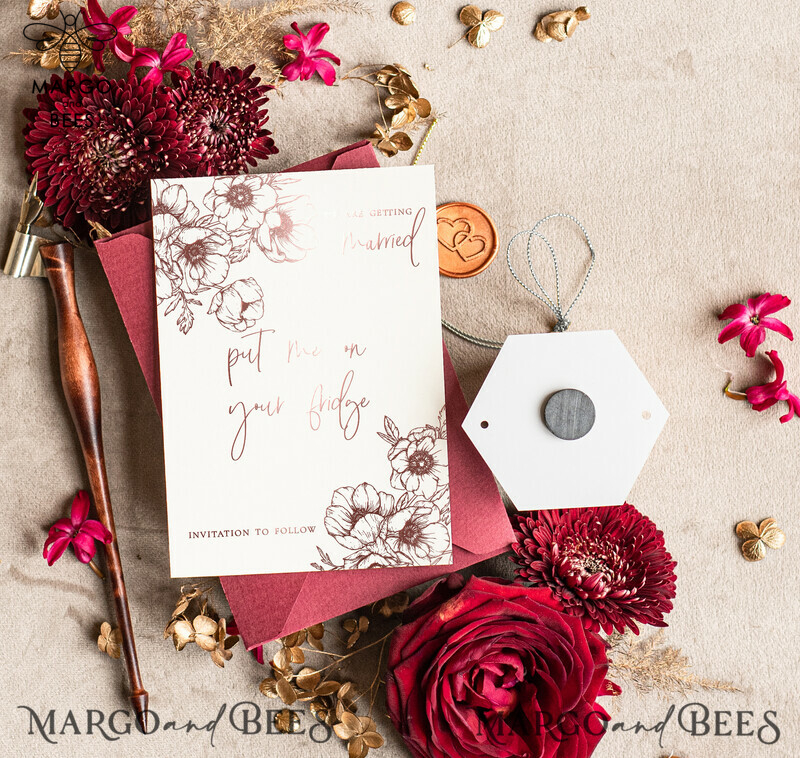Burgundy Elegant Wedding: Personalised Save the Date Hexagon Magnet and Card with Acrylic Silver Heart-2